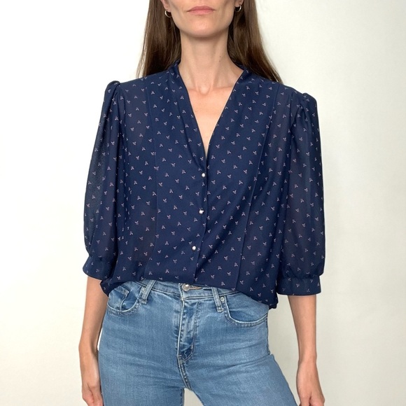 Vintage Blue Pearl Button Puff Sleeve Blouse - Picture 1 of 6